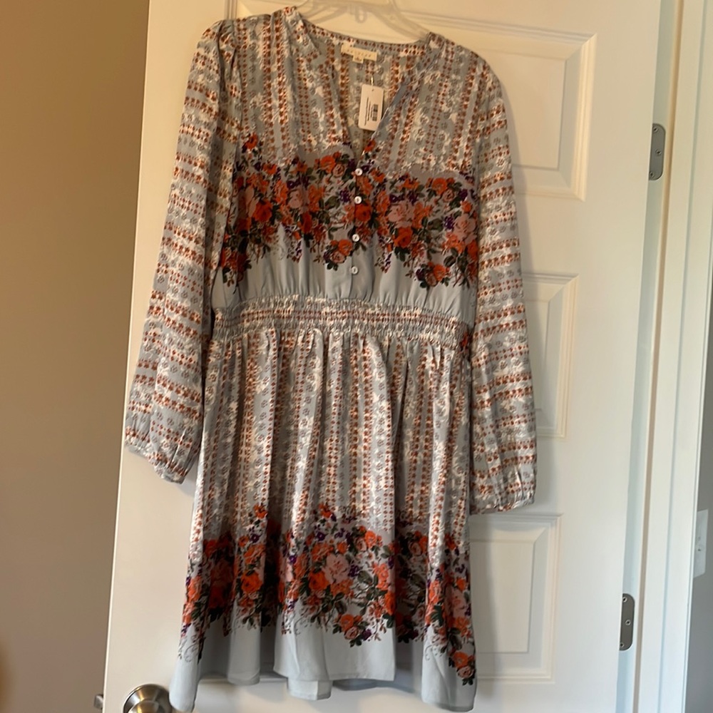 NWT Promesa Blue Floral Long Sleeve Mini Pullover Dress Size Large